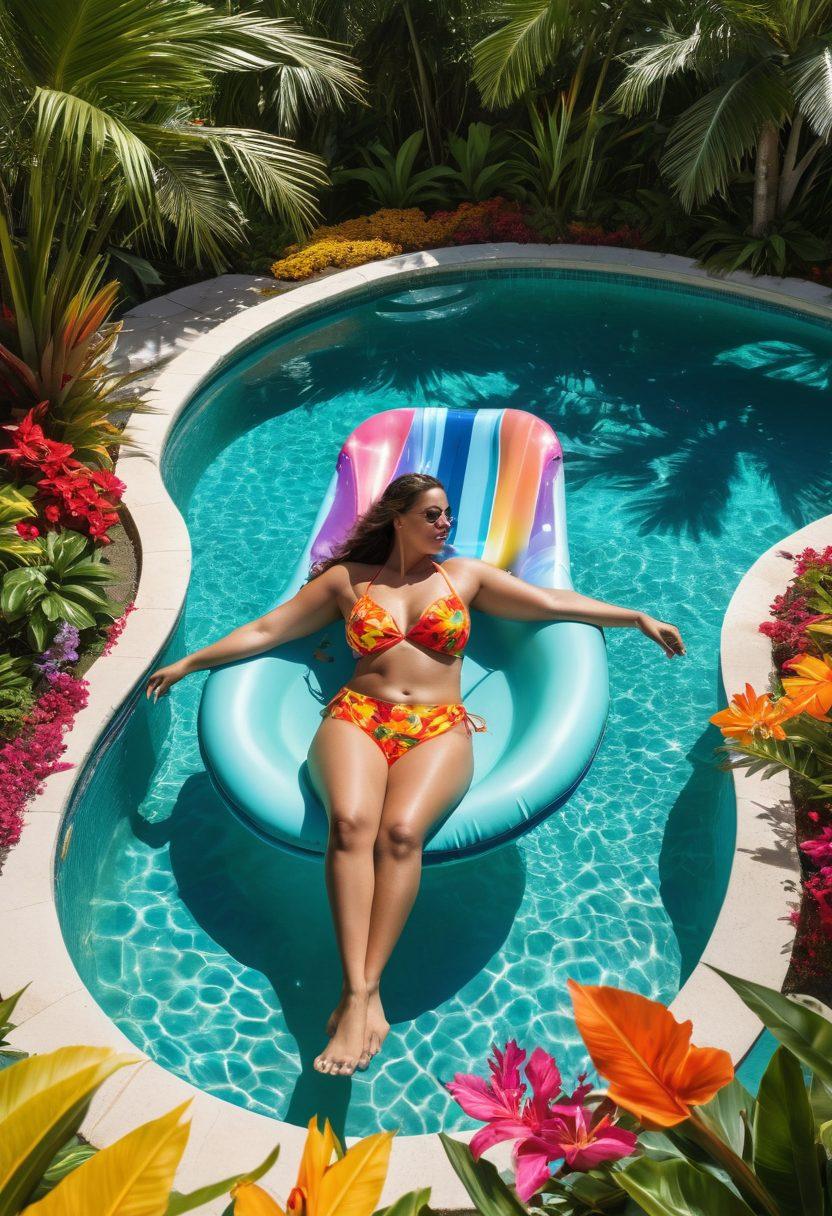 An enticing pool scene featuring a curvy figure in a radiant bathing suit, submerged in shimmering water with colorful tropical flowers floating around. The atmosphere is vibrant and playful, capturing the essence of indulgence and adventure, with playful splashes of water in the air. Brightly colored sun loungers and tropical palm trees create an inviting ambiance, enhancing the theme of leisurely exploration. super-realistic. vibrant colors. tropical setting.