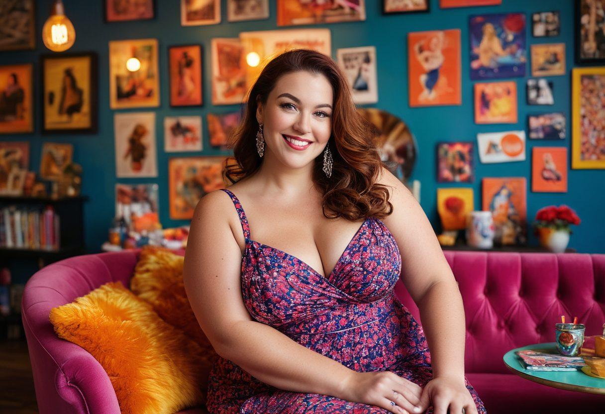 A playful, confident full-figured woman joyfully engaging with adult media in a stylish and colorful setting, surrounded by vibrant posters and playful props that reflect a sense of fun and freedom. The atmosphere should be lively and inviting, with soft, warm lighting accentuating her curves. Include elements like whimsical furniture and a sense of celebration that embodies enjoyment and self-acceptance. super-realistic. vibrant colors. soft focus.